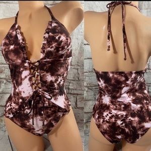 One Piece Swimsuit Brown Pink Tie Dye Halter Lace Up Gold Toggles Ruffle